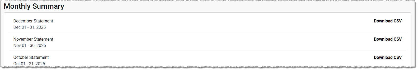 Image showing the Monthly Summary CSV download area of the Payments page of the eTailPet Payments Portal.