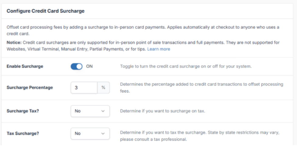 card surcharge settings